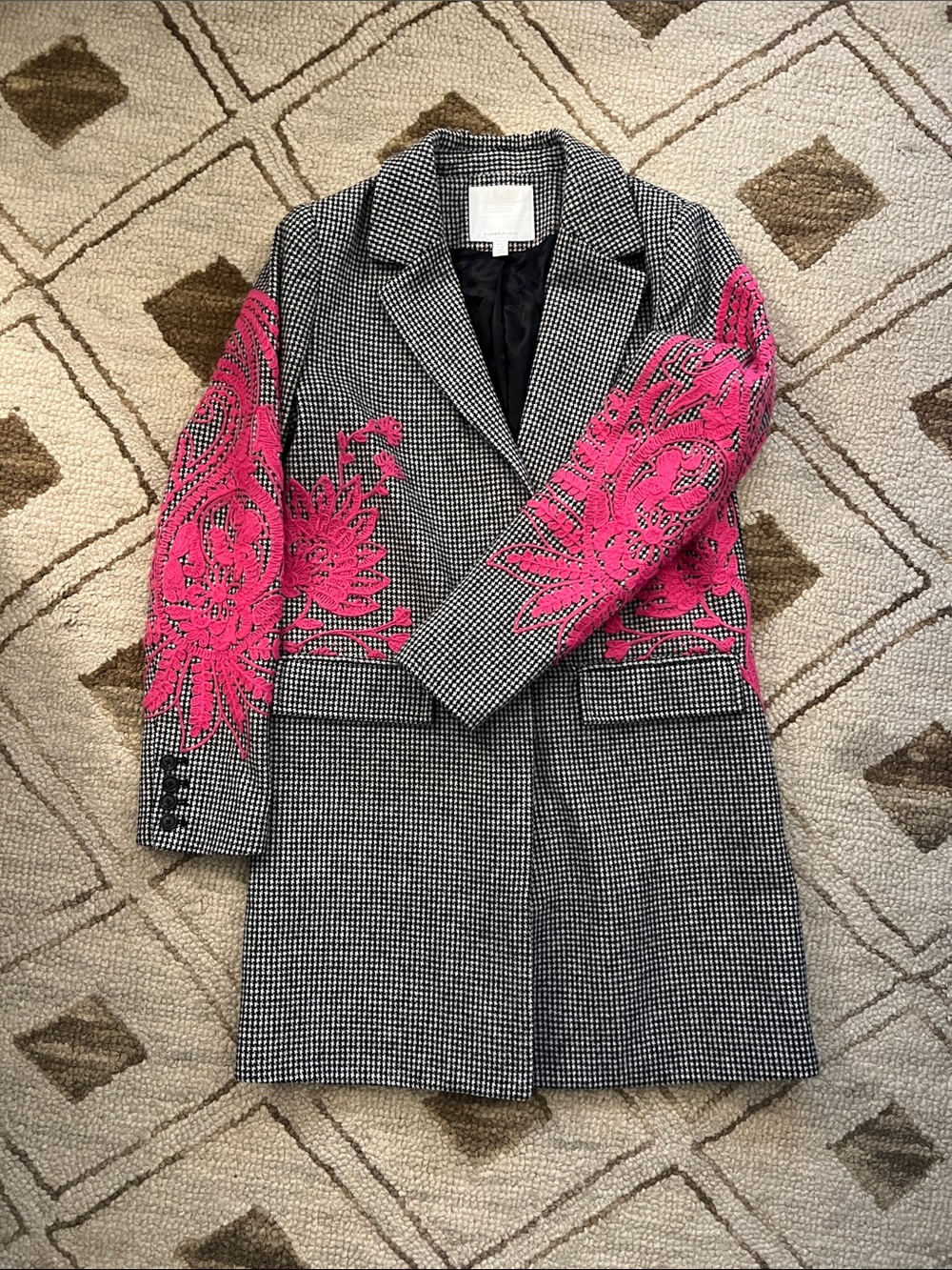 Anthropologie Black-and-White Houndstooth Blazer with Hot Pink Sleeve Embroidery